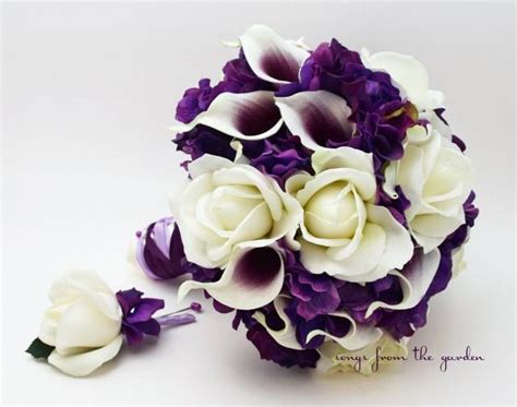 bridal bouquet real touch picasso callas white roses purple hydrangea real touch rose grooms