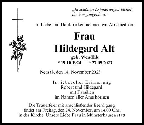 Traueranzeigen Von Hildegard Alt Augsburger Allgemeine Zeitung