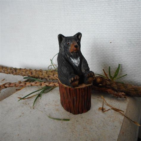 Black Bear Hand Carved Sitting On A Tree Stump This Bear Has Etsy