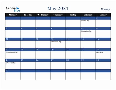 May 2021 Norway Holiday Calendar