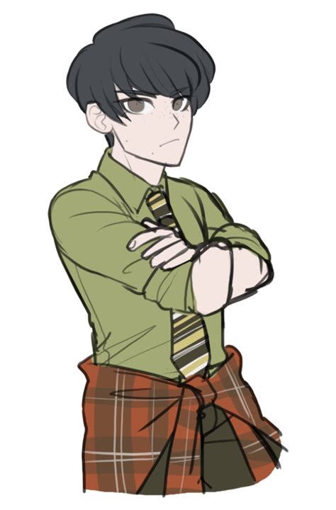 An Anime Character Wearing A Green Shirt And Plaid Skirt With His Arms