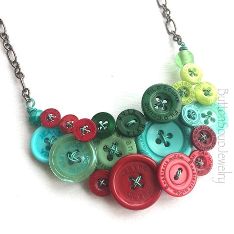 Funky Recycled Buttons Statement Necklace In Burgundy Aqua And Green