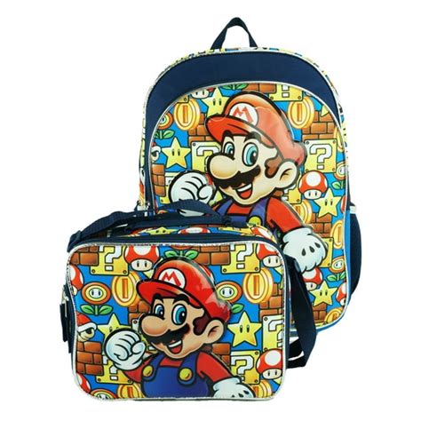 Super Mario Bros Full Size Large Backpack 16 With Lunch Box Set