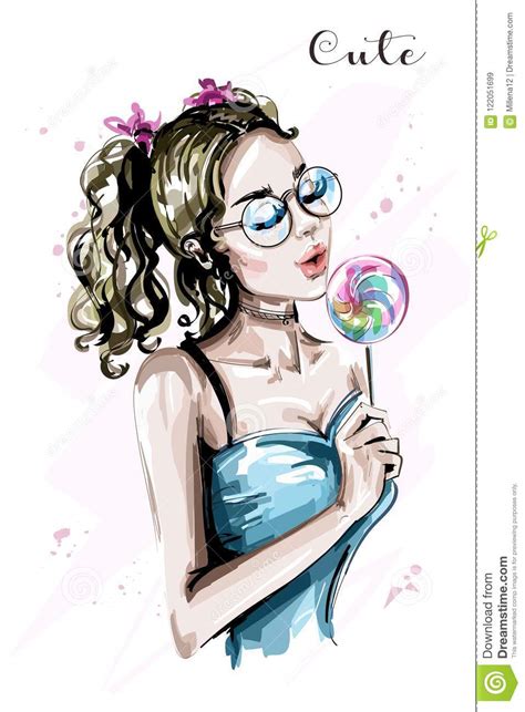 Hand Drawn Beautiful Young Woman With Candy Fashion Woman With