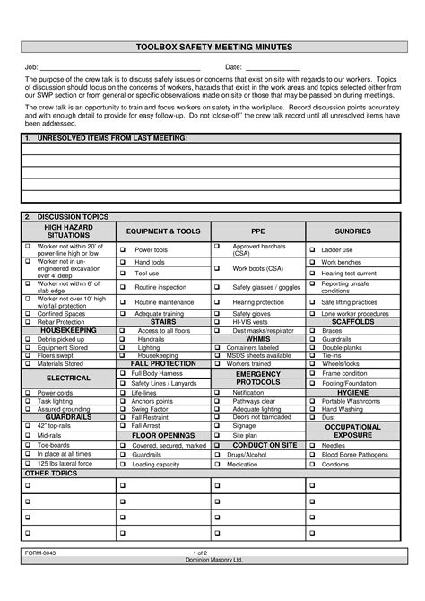 Free Printable Construction Safety Meeting Topics