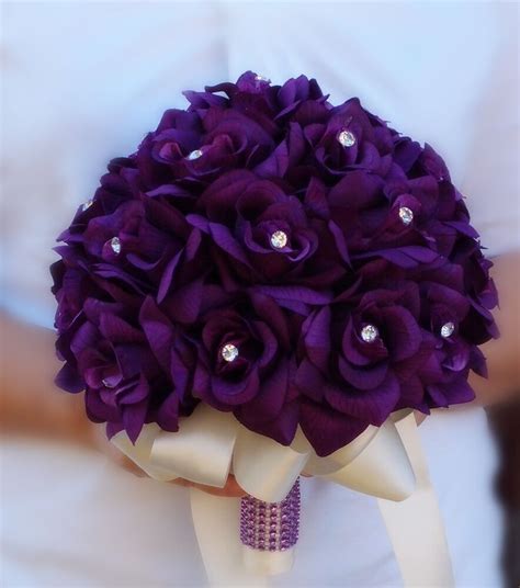 Artificial wedding bouquets in hydrangea rose purple lavender (small). 10" Bouquet-purple Ivory artificial rose,rhinestone,Ivory ...