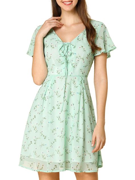 Women S Floral Flouncing Sleeve A Line Lace Up V Neck Chiffon Dress Ad Flouncing Ad Sleeve