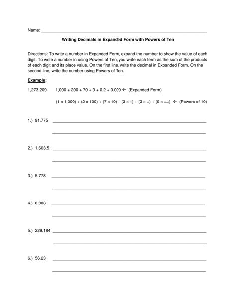 Worksheet Of Putting Numbers With Decimals In Expanded Form