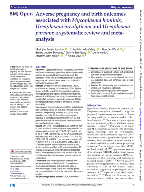 pdf adverse pregnancy and birth outcomes associated with mycoplasma hominis ureaplasma