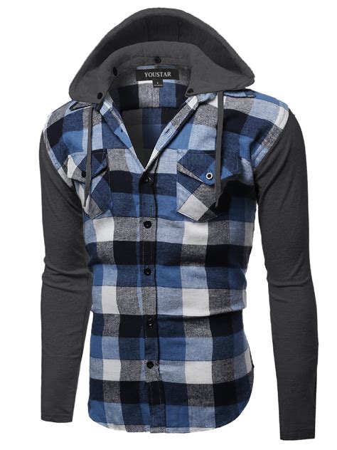 Fashionoutfit Men S Plaid Checkered Detachable Hoodie Color Contrast Flanel Shirt