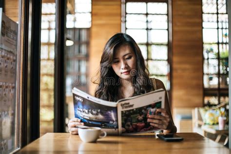 Beautiful Woman Reading Magazine Stock Image Image Of Modern Reading