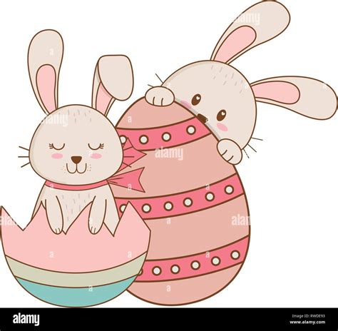 Little Rabbits With Egg Painted Easter Character Stock Vector Image