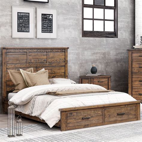 Rustic Queen Bed Reclaimed Solid Wood Framhouse Storage Bed Frame