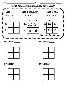 This method of multiplication relies on students' ability to multiply mentally by multiples of 10 and multiples of 100. 4.NBT.5 Area Model Multiplication Worksheet (2 digit x 2 ...