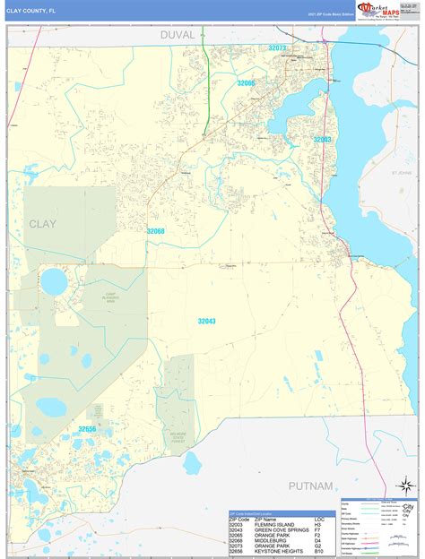 Clay County Fl Zip Code Wall Map Basic Style By Marketmaps Mapsales