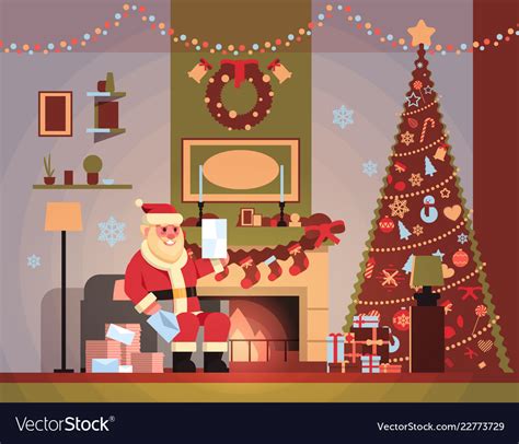 Santa Claus In Living Room Decorated For Christmas