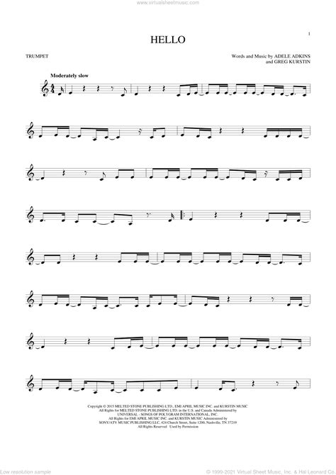 The idea is to show you the way to a unique digital library of trumpet sheet music, containing a wealth of music for the classical trumpeter. Adele - Hello sheet music for trumpet solo PDF-interactive