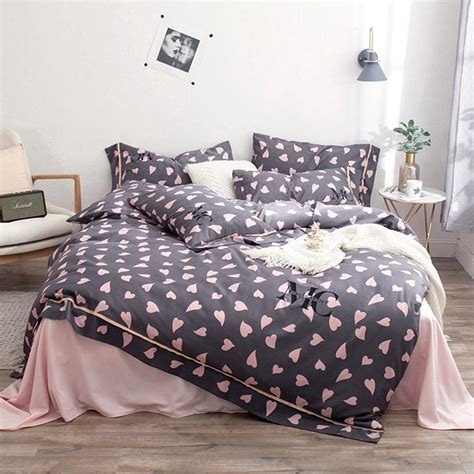 Pale Pink And Gray Love Heart Dot Girls Full Queen Size Bedding Sets
