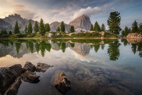 By The Mountain Lake Evening View Of The Dolomites Lake Reflecting