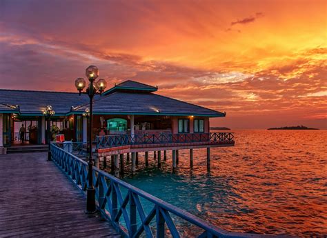 Maldives Restaurant Sunset Sea Tropical Sky Walkway Clouds