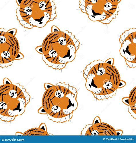 Tiger Seamless Pattern Tigers Heads Isolated On The White Background