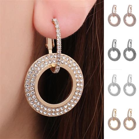 Women Fashion Rhinestone Double Circle Hoop Huggie Earrings Party