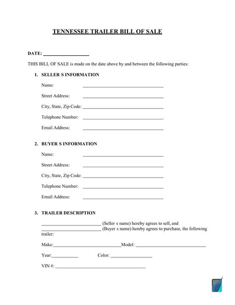 Free Printable Trailer Bill Of Sale Templates Word Excel Pdf Example