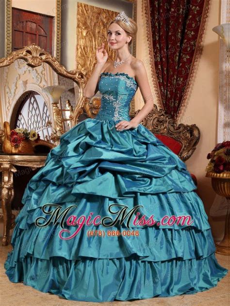 Teal Ball Gown Strapless Floor Length Taffeta Appliques And Pick Ups