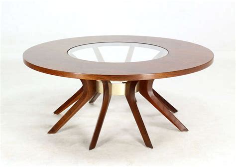 Walnut And Glass Spider Legged Mid Century Modern Round Coffee Table At