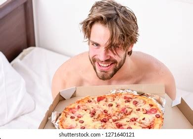 Guy Holds Pizza Box Sit Bed Stock Photo Shutterstock