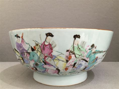 A Rare Chinese Famille Rose Mandarin Hunting Party Porcelain Punch Bowl Qing Dynasty