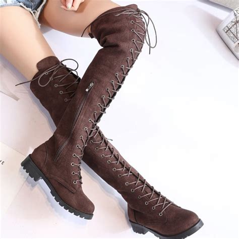 Cootelili Thigh High Boots Lace Up Women Shoes Over The Knee Boots Flat