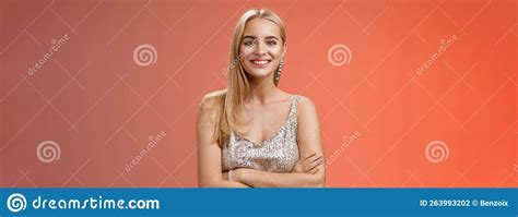 Charming Tender Blond Girlfriend In Silver Shiny Elegant Dress Feel Little Cold Standing Prom