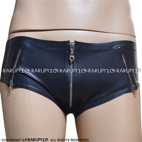 black sexy latex briefs with crotch and sides zippers rubber shorts underpants underwear 0172