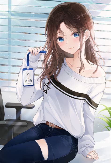 Wallpaper Pretty Anime Girl Sweater Blue Eyes Brown Hair Beautiful