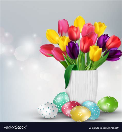 Easter Background With Colorful Eggs And Tulips Vector Image