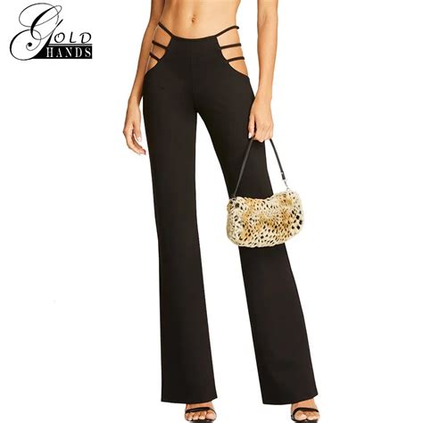 gold hands new women black sexy cut out holes pants slim fitness sweat pants flare hollow out