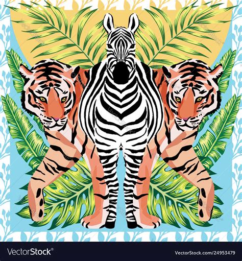 Zebra And Tiger With Tropical Leaves Sun Mirror Vector Image