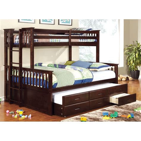 Foa Frederick Cottage Solid Wood 3 Drawer Queen Bunk Bed With Trundle In Walnut Idf Bk458q Exp Ctr