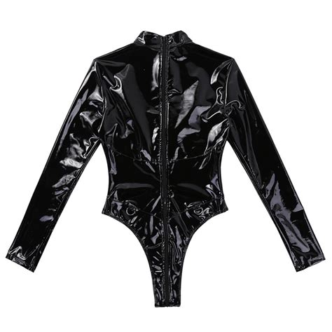 Women One Piece Wetlook Patent Leather Lingerie High Collar Long