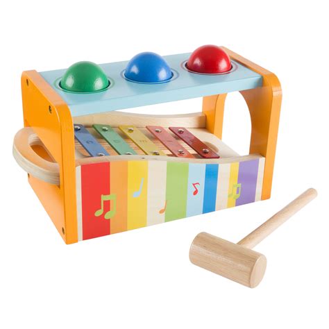 Wooden Bench Toy With Musical Xylophone And Interactive Pounding Hammer