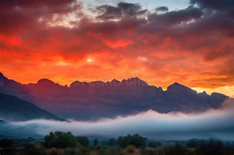 Majestic Mountain Range In Fiery Sunset With Clouds And Mist Stock