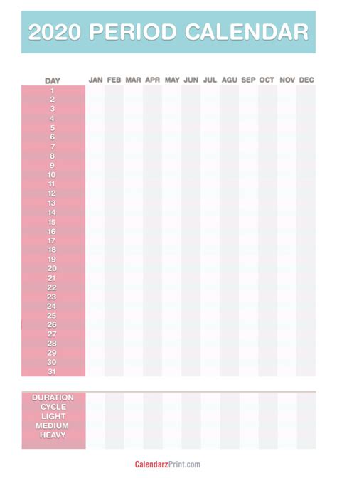 2020 Period Calendar Free Printable Pdf  Blue Red
