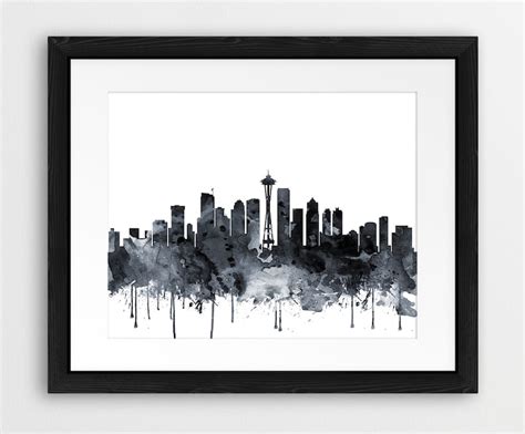 Seattle Skyline Print Seattle Watercolor Neutral Grey Black Etsy
