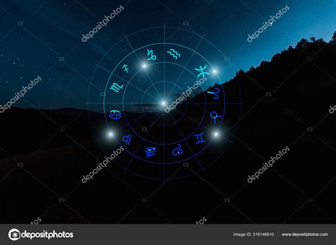Dark Landscape Night Starry Sky Zodiac Signs Illustration — Stock Photo