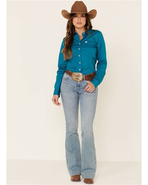 Cinch Womens Teal Solid Button Front Long Sleeve Western Shirt