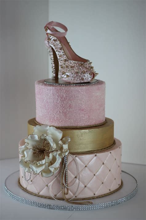 Antique Pink And Gold Colored Cake With A Gum Paste Designer Shoe Cake
