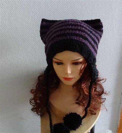 Cat Ears Earflaps Hat Cat Beanie Chunky Knit Winter By Ifonka 3000