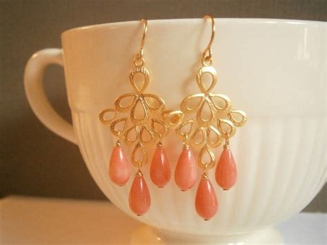 Items Similar To Ornate Gold And Pink Coral Chandelier Earrings On Etsy