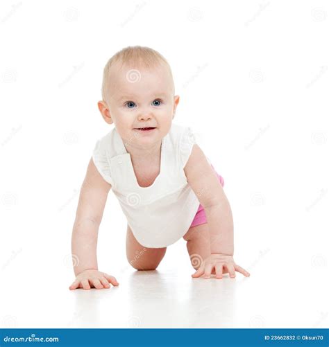 Crawling Funny Baby Goes Down On All Fours Stock Photo Image Of Girl